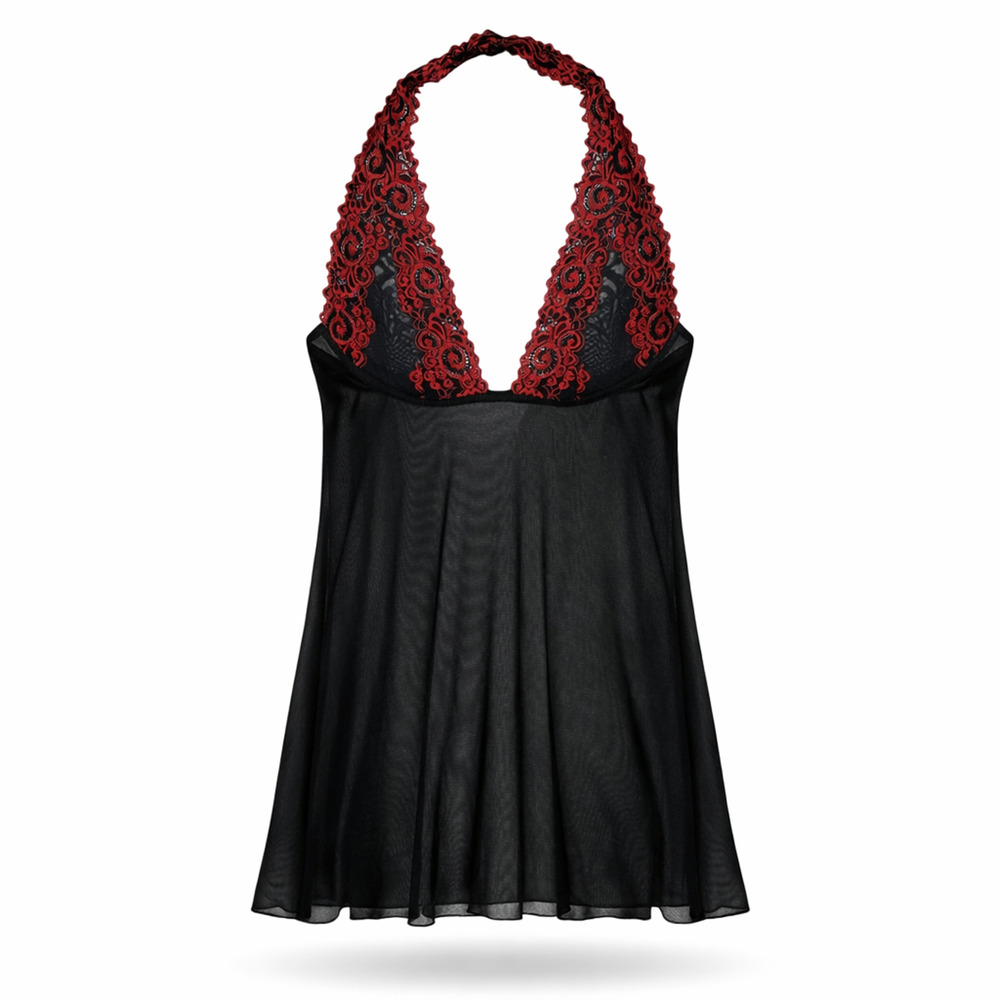 Fredericks of Hollywood black sheer mesh babydoll chemise red lace halter size S